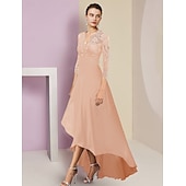 abordables Longueur du plancher-Robe de Mère de la Mariée A-Line Robe Formelle Invité de Mariage Élégante Haut-Bas Col V Asymétrique Longueur Thé Chiffon Dentelle Manches 3/4 avec Plis 2025 taille personnalisée gratuite