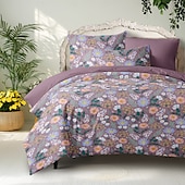 abordables 100% Coton-Housse de couette florale taille double ensemble de literie en coton ensembles de lit housse de couette douce légère avec 2 taies d&#039;oreiller pour l&#039;été le printemps violet violet