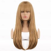 baratos Perucas Sintéticas sem Touca-Perucas sintéticas Ondas Soltas Kinky Liso Corte em Camadas Com Franjas Fabrico à Máquina Peruca 24 polegadas A1 A2 Cabelo Sintético Mulheres Clássico Confortável Cores Gradiente Âmbar Marrom