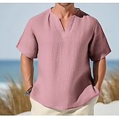 cheap Cotton Linen T-shirts-Men&#039;s Tee Top Linen T-Shirt Short Sleeves V Neck Summer Plain Fashion Designer Basic Soft Vacation Street Casual Daily Light Blue White Pink Top Tee for Men