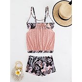 billiga Leopard badkläder-Dam Plusstorlekar Badkläder Tankini 2 st Längre baddräkt Hög midja Baddräkt Genomskinlig Hög midja Stickat Stylish Standkläder Leopard Tropisk Rund hals Ärmlös Baddräkter