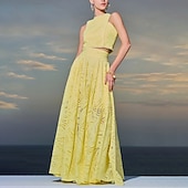 preiswerte Elegante Blumenkleider-Damen kleid lang Zweiteiliges Kleid Elegant Modisch Urlaub Verabredung Ausgehen Regular Fit Glatt Ärmellos Rundhalsausschnitt Schwarz Weiß Gelb Rosa Sommer