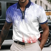 cheap Independence Day Polos-Men&#039;s American US Flag Zip Polo Shirts Short Sleeve Polo Shirts Collared Shirts Casual Athleisure Daily Wear 3D Print Summer Red Navy Blue Sky Blue