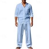 cheap Men&#039;s Tee Sets-Men&#039;s T-shirt Suits Shirt and Pant Sets 2 Pieces Outfits Long Sleeve Stand Collar Summer Spring Plain Fashion Casual 2 Piece Vacation Daily Wear Going out Black White Blue Top Tee for Men
