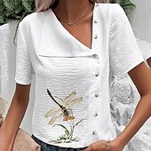 cheap Shirts-Women&#039;s Blouse Cotton Linen Shirts Flower Basic Casual Short Sleeve Asymmetrical Regular Tops Daily Holiday Buttons Print Black Blue Green Summer
