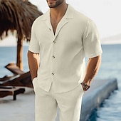 cheap Men&#039;s Basic Shirts Sets-Men&#039;s 2 Piece Shirt Set Summer Set Matching Sets Casual Shirt Corduroy Shirt Plain Vacation Daily Dark Gray Black Pink Blue Short Sleeve Collar Summer Clothing Apparel