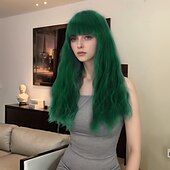 baratos Perucas Sintéticas sem Touca-Perucas sintéticas Ondulado Trama Curly Corte em Camadas Com Franjas Fabrico à Máquina Peruca 16 polegadas A1 Cabelo Sintético Mulheres Clássico Confortável Cores Gradiente Verde