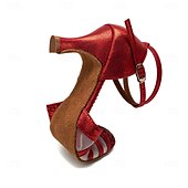 ieftine Pantofi Dans Clasic &amp; Modern-pantofi de dans latino cu sclipici roșii pentru damă – tocuri de sală cu bandă din plasă cu talpă de piele intoarsă pentru salsa și performanță