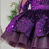 baratos Vestidos de Festa-Infantil Para Meninas Vestido Vestido de festa Côr Sólida Manga Longa Espetáculo Paetês Com Transparência Princesa Doce Com Transparência Acima do Joelho Vestido da bainha Vestido De Tule Verão