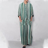 cheap Men's Robes-Men's Loungewear Nightgown Nightshirt Stripe Stylish Comfort Kimono Robes Daily Home Cotton Breathable Stand Collar Short Sleeve Summer Red Orange