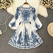 billiga Bohemklänningar-Dam Midiklänning Boho-klänning Klänning med tryck Mode Puffärmad Utomhus Helgdag Utekväll Normal Blomma Långärmad V-hals Blå Sommar