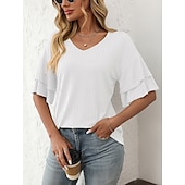 cheap Plain tee-Women&#039;s T Shirt Plain Fashion Modern Short Sleeve V Neck Regular Tops Daily Ruffle Black White Wine Sky Blue Fuchsia Summer
