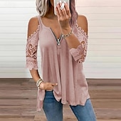 preiswerte Damen Einfache Oberteile-Damen Bluse Einfach Modern Lässig Dreiviertelarm V Ausschnitt Normale Oberteile Täglich Ausgehen Reißverschluss Ausschnitt Schwarz Weiß Rosa Blau Grau Sommer