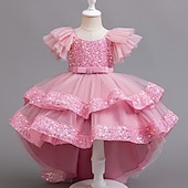 cheap Party Dresses-Kids Girls&#039; Party Dress Sequin Sleeveless Wedding Special Occasion Sequins Ruched Zipper Adorable Sweet Polyester Asymmetrical Party Dress Tulle Dress Summer Spring Fall 4-12 Years Pink Purple Green