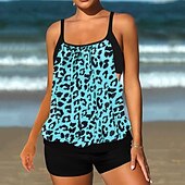billiga Leopard badkläder-Dam Plusstorlekar Badkläder Tankini 2 st Längre baddräkt Hög midja Baddräkt Hög midja Smal Stickat Stylish Standkläder Leopard Tropisk Rund hals Ärmlös Baddräkter