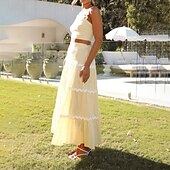 preiswerte Abschlusskleider-Damen Midikleid Weißes Kleid Abschlusskleid Zweiteiliges Kleid Mode Geburtstag Abschlussfeier Date Normale Passform Farbblock Ärmellos Spaghettiträger Hellgelb Weiß Sommer