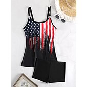 billiga Tankinis-Dam Plusstorlekar Badkläder Tankini 2 st Längre baddräkt Pojkeben Baddräkt Öppen rygg Stickat Hög midja Stylish Sportig Flagga Randig Doppa Ärmlös Baddräkter