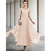 billiga Golvlängd-A-linjeformad klänning för brudens mor bröllopsgäst elegant plus size juvelhals ankellängd chiffong spets 3/4 längd ärm med ruched paljetter applikationer gratis anpassad storlek