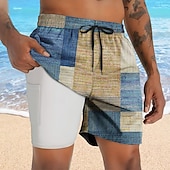 cheap Geometric Print-Men&#039;s Color Block Patchwork Lined Shorts 2 in 1 Board Shorts Swim Shorts Mid Waist Hawaiian Vacation Holiday Beach Wear Side Pockets With Compression Liner Elastic Drawstring Waist Designer Clothing