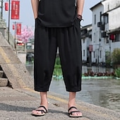 cheap Retro-Men&#039;s Capri Pants Shorts Linen Shorts Summer Shorts Beach Shorts Drawstring Elastic Waist Baggy Plain Comfort Breathable Calf-Length Outdoor Casual Daily Fashion Retro Vintage Black White