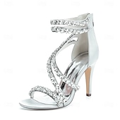 economico Sandali Eleganti-sandali con tacco alto e cinturino in strass bianchi da donna – eleganti scarpe da sposa per cocktail party