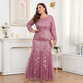 cheap Plus Size Dresses-Mermaid / Trumpet Evening Gown Sparkle Dress Formal Floor Length Long Sleeve Crew Neck Champagne Mother Of the Bride Dress Tulle with Embroidery 2025