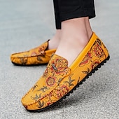 abordables Chaussures sans lacets &amp; mocassins-Mocassins brodés de fleurs pour hommes en daim jaune - des chaussures élégantes à enfiler parfaites pour les sorties décontractées et les événements artistiques