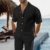 cheap Men&#039;s Basic Shirts Sets-Men&#039;s 2 Piece Shirt Set Summer Set Matching Sets Casual Shirt Corduroy Shirt Plain Vacation Daily Dark Gray Black Pink Blue Short Sleeve Collar Summer Clothing Apparel