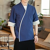 economico Casual da lavoro-Per uomo Camicia camicia di lino Maglietta informale Camicia di cotone Color Block Da mare Per eventi Blu marino Albicocca Mezza manica A V Estate Abbigliamento Collage