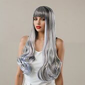 baratos Perucas Sintéticas sem Touca-Perucas sintéticas Ondulado Trama Curly Corte em Camadas Com Franjas Fabrico à Máquina Peruca 28 polegadas A1 Cabelo Sintético Mulheres Clássico Confortável Cores Gradiente Multi Cores