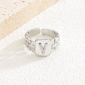 cheap Gifts-Personalized Letter Ring, Gift for Mom, Copper with Zircon Alphabet Ring, Vintage-Style Chain Design, Adjustable Open Band, Minimalist Aesthetic Jewelry for Women