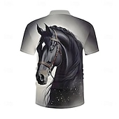 preiswerte Poloshirt mit Animalprint für Herren-Kentucky Derby Herren Pferd Polo Kurzarm Polo-Shirts Hemden mit Kragen Lässig Outdoor Sport Alltagskleidung 3D-Druck Sommer Frühling Herbst Grau