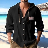 preiswerte Urlaub-Herren Weißes Baumwollhemd Freizeithemd Knopfhemd Baumwollhemd Flagge Urlaub Straße Schwarz Weiß Blau Khaki Langarm Mit Kapuze Frühling &amp; Sommer Bekleidung Button-Down