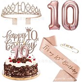 economico Forniture per eventi e feste-set deluxe da 6 pezzi per festa di compleanno in oro rosa - numeri di palloncini (10-80), tiara, fascia, candeline per torta, cake topper - per bambine &amp; donne