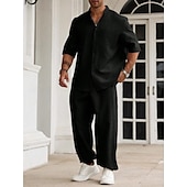 preiswerte Herren Basic Hemden Sets-Herren Zweiteilig Hemd Set Sommer-Set Passende Sets Freizeithemd Einfach Urlaub Täglich Schwarz Beige Grau Kurzarm Kragen Sommer Bekleidung
