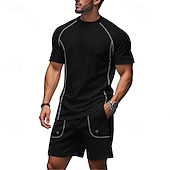 abordables survêtement et sweat à capuche pour hommes-Homme Ensemble Survetement T-shirt et short Ensemble de tenues Col ras du cou Extérieur Quotidien Sports Avec Poches Cordon de serrage Uni Noir Marron Gris Claire Polyester Tenues de Sport Streetwear