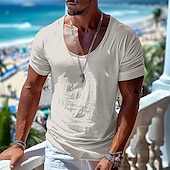 preiswerte Baumwoll-Leinen T-Shirts-Herren Leinenähnliches T-Shirt Kurze Ärmel Rundhalsausschnitt Sommer Einfach Mode Designer Basic Weich Urlaub Straße Alltagstauglich Rosa Hellblau Beige Top T-Shirt für Herren
