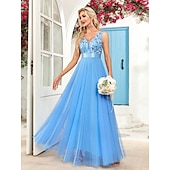preiswerte Abendkleider-A-Linie Abendkleid Elegant Kleid Abendgesellschaft Abschlussball Bodenlang Ärmellos V Ausschnitt Gürtel / Schärpe Tüll V-Ausschnitt mit Glitzer Stickerei 2025