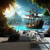 voordelige Ocean Beach Wandtapijt-Landschap Ocean Piratenboot Hangend Wandtapijt Muurkunst Groot Wandtapijt Muurdecor Fotografie Achtergrond Deken Gordijn Thuis Slaapkamer Woonkamer Decoratie