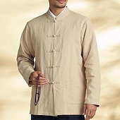 economico Casual da lavoro-Per uomo Camicia camicia di lino Maglietta informale Camicia con bottoni Camicia di cotone Liscio Da mare Hawaiano Nero Blu marino Cachi Manica lunga A fascia Primavera Abbigliamento Tasca frontale