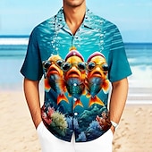 preiswerte Ozean-Druck-Herren Ozean Fisch Meeresbewohner Hemd Kuba-Kragen-Hemd Sommer Hawaiihemd Kurzarm Hawaiianisch Urlaub Ferien Strandbekleidung Sommer Frühling Hemd mit Camp-Kragen 3D-Druck Blau
