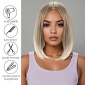 baratos Perucas Sintéticas sem Touca-Perucas sintéticas Liso Reta natural Parte do meio Com Franjas Fabrico à Máquina Peruca 14 polegadas A1 Cabelo Sintético Mulheres Repartida ao Meio Clássico Confortável Loiro