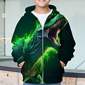 billiga Pojkens 3D-djur-Pojkar 3D Dinosaurie Huvtröja Kappa Ytterkläder Långärmad Vår Höst Förtjusande Sport Barn 4-12 år Blixtlås Gata Dagligen Normal
