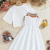 baratos Casual Dresses-2 Pieces Kids Girls' Color Block Dress Suits Set Sleeveless Fashion School 7-13 Years Summer White