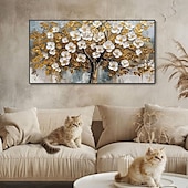 preiswerte Blumen-/Botanische Gemälde-3D strukturiertes Goldölgemälde, handgemalte Wandkunst, Goldfoliengemälde, Bäume, Kunstgemälde, handgemachtes goldweißes blühendes Turmbaumgemälde auf Leinwand für Wohnzimmerkunst, Naturmalerei,