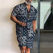 お買い得  メンズプリントシャツセット-男性用 グラフィック 2個 シャツセット 夏のトップス 半袖 ショートパンツ キューバンカラー エスニック パーティー カジュアル 日常 3Dプリント 夏 ダークブルー