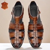 cheap Premium Leather Sandals-Premium Leather Fisherman Sandals with Buckle Detail - Stylish Choice for Outdoor Activities and Social Gatherings