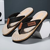 cheap Vacation Sandals-Men&#039;s Fashion Flip-Flops - Red and Black Geometric Pattern with Leather Accents - Casual Beachwear