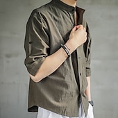 economico Casual da lavoro-Per uomo Camicia in cotone e lino Semplice Vacanza Nero Bianco Verde Mezza Manica Colletto alla coreana Estate Abbigliamento Bottonato