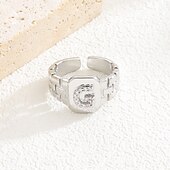 cheap Gifts-Personalized Letter Ring, Gift for Mom, Copper with Zircon Alphabet Ring, Vintage-Style Chain Design, Adjustable Open Band, Minimalist Aesthetic Jewelry for Women